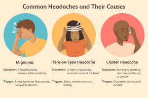 Types of Headaches | Primary headaches | Cluster headaches. | Migraine | Tension headaches | Secondary headaches | Hypnic Headache | Head injury | High blood pressure (hypertension) | Rebound headaches | Sinus congestion | Exertional Headaches